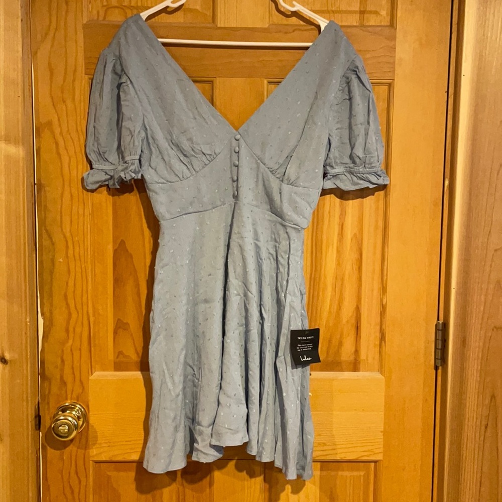 Lulu’s Daytime Delight Light Blue Swiss Dot Tie-Back Mini Dress